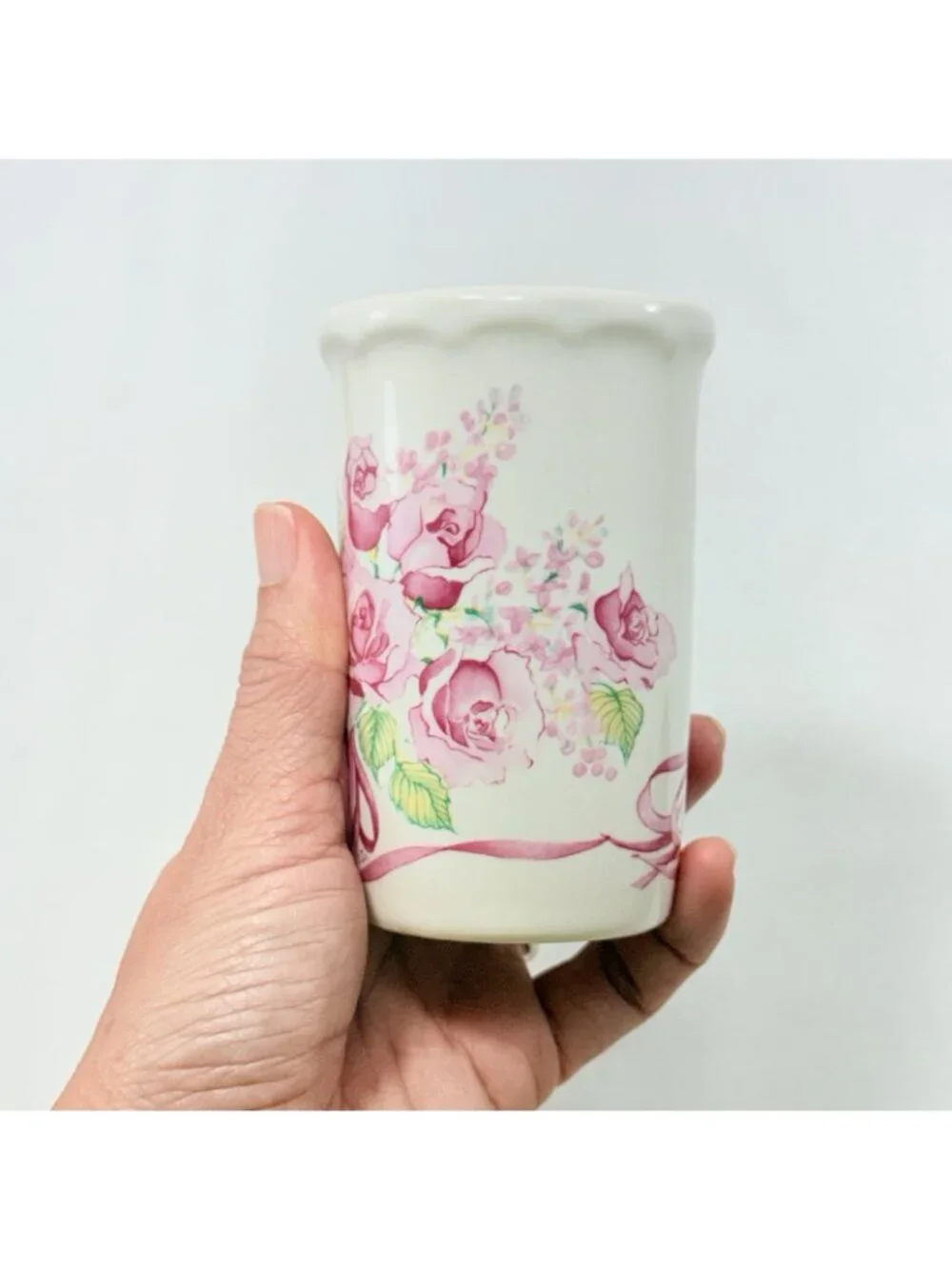 Vintage Potpourri Press Roses Ribbons Vase Flowers Pink Bouquet Toothpick Holder